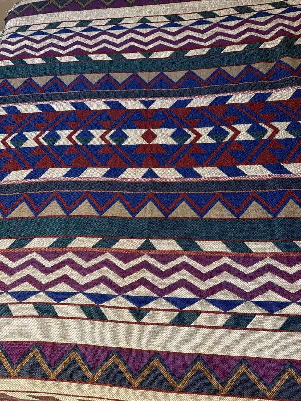 Vintage Tapestry Throw Blanket 1990s Southwestern Fringe Woven Western Red Aztec